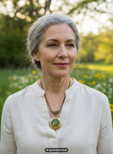 Load image into Gallery viewer, A woman with gray hair tied back, wearing a cream-colored blouse and a bronze glow in the dark bird locket necklace with a triangular filigree connector hanger,  standing outdoors in a sunlit garden with blurred greenery and yellow flowers in the background.  A small "AI-generated visual" label appears at the bottom.