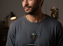Load image into Gallery viewer, A man wearing a dark gray t-shirt and a bronze owl octopus pendant necklace glowing blue in the dark, set against a softly blurred indoor background.  A small "AI-generated visual" label appears at the bottom.