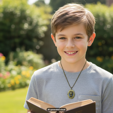 Load image into Gallery viewer, A young boy with light brown hair smiling in a sunny garden, wearing a gray t-shirt and a bronze mouse locket necklace, holding an open book. A watermark at the bottom reads 'AI-generated visual'.