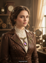 Load image into Gallery viewer,  A woman in a steampunk-inspired brown leather jacket with brass gear embellishments and a large a copper steampunk angel wings and gear necklace with iridescent rainbow crystal  pendant, posed in a warm, vintage-filled room.  A small "AI-generated visual" is at the bottom.
