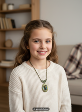 Load image into Gallery viewer, A young girl with light brown hair smiles while wearing a cream-colored knit sweater and a antique bronze mouse locket necklace, set against a softly blurred indoor background with a bookshelf.  A small "AI-generated visual" label appears at the bottom.