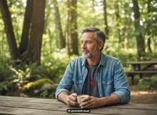 Load image into Gallery viewer, A man with gray hair and a beard sits at a wooden picnic table in a sunlit forest, holding a cup. He wears a light blue denim shirt over a dark gray t-shirt and a vintage red hummingbird locket necklace.  A small "AI-generated visual" label appears at the bottom.