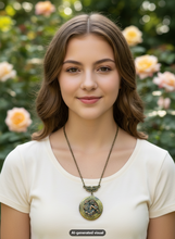Load image into Gallery viewer, A young woman with brown hair is shown from the chest up, wearing a cream-colored t-shirt and a bronze Victorian-style cherub locket necklace with verdigris patina finish. The background is a soft-focus garden with green foliage and pink roses.  A small "AI-generated visual" label appears at the bottom.