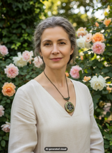Load image into Gallery viewer, A woman with gray hair tied back, wearing a cream-colored linen V-neck top and a bronze Victorian-style cherub locket necklace with verdigris patina finish, standing in front of a lush garden background filled with pink and white roses.
A small "AI-generated visual" label appears at the bottom.