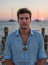 Load image into Gallery viewer, A man wearing a light blue linen button-down shirt and a antique bronze sea turtle locket necklace with ocean scenen, stands on a wooden dock with the ocean, sailboats, and a sunset in the background.  A small "AI-generated visual" label appears at the bottom.
