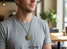 Load image into Gallery viewer, A young man, in short sleeve grey T-Shirt, wearing a red and green mandala locket necklace, looking out the window.