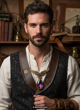 Load image into Gallery viewer, A man wearing a steampunk-inspired outfit with a dark brown leather vest, brass-toned gears and straps, a cream shirt, and a large copper steampunk angel wings and gear necklace with iridescent rainbow crystal teardrop pendant necklace, photographed in a warm indoor setting.  A small "AI-generated visual" is at the bottom.