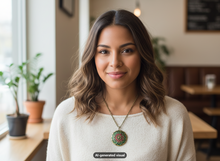 Load image into Gallery viewer, A woman with wavy brown hair wearing a cream knit sweater and a red and green mandala locket necklace in antique gold tone, photographed in a softly blurred indoor cafe setting. A small 'AI-generated visual' label appears at the bottom center.