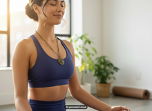 Load image into Gallery viewer, A woman wearing a mandala locket necklace, in a navy blue sports bra and matching bottoms sits in a meditative pose in a bright, sunlit room with a window, potted plants, and a yoga mat in the background.  A small 'AI-generated visual' label appears at the bottom.