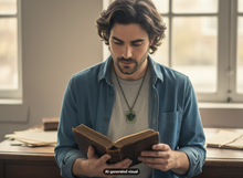 Load image into Gallery viewer, A man with wavy dark hair and a beard, wearing a blue denim shirt over a gray t-shirt and a green bee book locket necklace, is shown reading an open book at a wooden desk in a softly lit room.  A small 'AI-generated visual' label appears at the bottom.