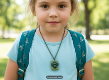 Load image into Gallery viewer, A young girl wearing a light blue t-shirt and a teal floral backpack, featuring a bronze bee locket necklace. The background is a soft-focus green park.  A small "AI-generated visual" label appears at the bottom.