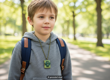 Load image into Gallery viewer, A young boy wearing a gray hoodie and a blue backpack stands on a sunlit park path, wearing a green bee book locket necklace. The background is a blurred green park scene.  A small "AI-generated visual" label appears at the bottom.
