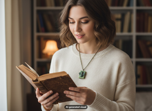 Load image into Gallery viewer, A woman with wavy brown hair wearing a cream knit sweater and a Bee locket necklace, reads in a warmly lit room with bookshelves in the background.  A small "AI-generated visual" label appears at the bottom.