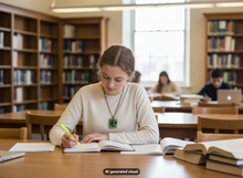 Load image into Gallery viewer, A young woman, wears a Bee locket necklace, sits at a wooden table in a library, writing in an open book with a yellow highlighter. Bookshelves and other students are visible in the softly blurred background.  A small "AI-generated visual" label appears at the bottom.