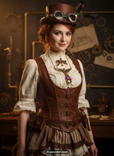 Load image into Gallery viewer, A woman wearing a copper steampunk angel wings and gear necklace with rainbow crystal  pendant  and a steampunk-inspired outfit with a brown leather corset vest, cream lace blouse, striped skirt, goggles on a hat, and a jeweled brooch, posed against a dark workshop background with gears and brass pipes.  A small "AI-generated visual" label is at the bottom.