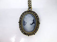 Load image into Gallery viewer, Antique bronze Victorian cameo watch necklace with photo locket.