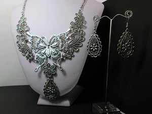 retro silver steampunk butterfly necklace and earrings set