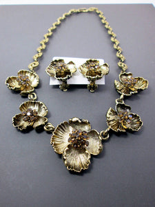 antique gold flower statement necklace and earrings set