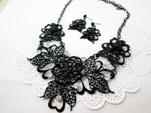 Load image into Gallery viewer, black rose bib necklace and earrings set