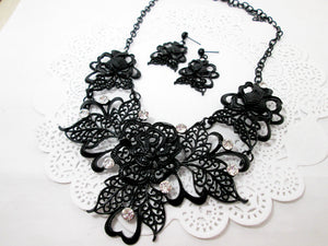 black rose bib necklace and earrings set