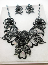 Load image into Gallery viewer, black metal filigree rose statement necklace and earrings set