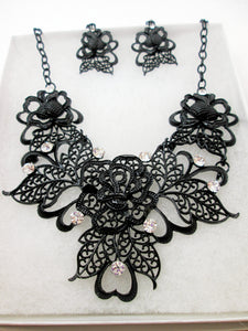 black metal filigree rose statement necklace and earrings set