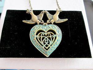 verdigris heart in heart infinity love birds necklace 