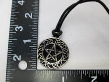 Load image into Gallery viewer, showing measurement of Celtic pentacle pendant necklace, round pendant with black background, on black cord, for unisex teen or adult. (photo taken on a white background)