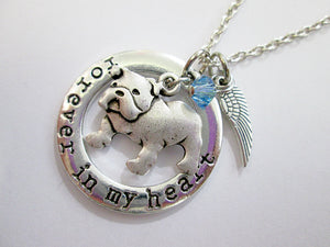 bulldog necklace with angel wings and birthstone