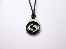 Load image into Gallery viewer, Pisces pendant necklace on black cord, teardrop pendant with black background, for man or woman. (picture taken on a white background)