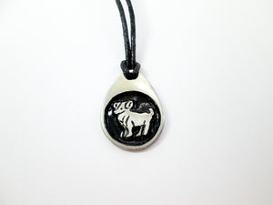 Aries pendant necklace on black cord, teardrop pendant with black background, for man or woman. (picture taken on a white background)