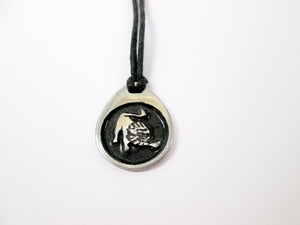 Leo horoscope pendant necklace on black cord, teardrop pendant with black background, for man or woman. (photo taken on a white background)