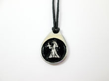 Load image into Gallery viewer, Virgo pendant necklace on black cord, teardrop pendant with black background, for man or woman. (picture taken on a white background)