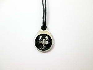 Scorpio pendant necklace on black cord, teardrop pendant with black background, for man or woman. (picture taken on a white background)