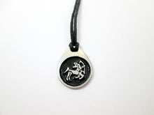 Load image into Gallery viewer, Sagittarius horoscope pendant necklace on black cord, teardrop pendant with black background, for man or woman. (picture taken on a white background)
