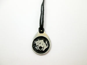 Taurus horoscope pendant necklace on black cord, teardrop pendant with black background, for man or woman. (picture taken on a white background) 