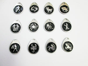 display of twelve horoscope signs teardrop pendants with black background.  Top row from left to right: Aquarius, Pisces, Aries, Taurus.  Middle row from left to right: Gemini,  Cancer, Leo, Virgo.  Bottom row from left to right: Libra, Scorpio, Sagittarius, Capricorn.  (picture taken on a white background)    