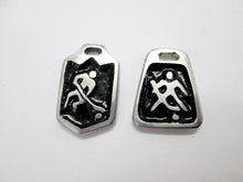 Load image into Gallery viewer, handmade pewter hockey sports pendants, hockey player on the left, hockey goalie on the right.