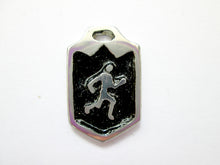 Load image into Gallery viewer, close-up front view of handmade pewter runner or jogger pendant, pendant with black background.