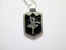 Load image into Gallery viewer, handmade pewter dancer pendant necklace, pendant with black background, on metal chain, for teen girl or woman.
