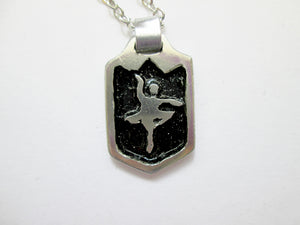 handmade pewter dancer pendant necklace, pendant with black background, on metal chain, for teen girl or woman.