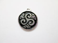 Load image into Gallery viewer, Celtic triskele pendant necklace, round pendant with black background, for unisex teen or adult. (photo taken on a white background)