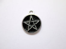 Load image into Gallery viewer, handmade pewter pentacle pendant, round circle pendant with black background.