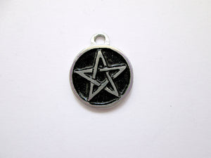 handmade pewter pentacle pendant, round circle pendant with black background.