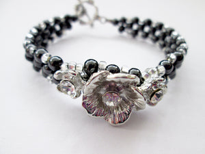 Fancy silver flower magnetic bracelet with silver beads