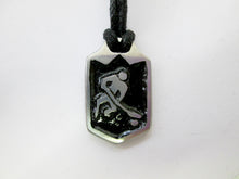 Load image into Gallery viewer, handmade pewter hockey player pendant necklace, polygon pendant with black background, for men or women, on black cord. 