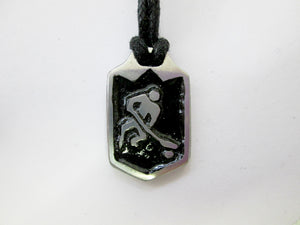 handmade pewter hockey player pendant necklace, polygon pendant with black background, for men or women, on black cord. 