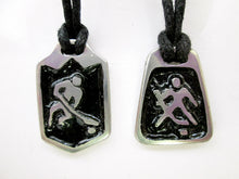 Load image into Gallery viewer, handmade pewter hockey player pendant necklace, polygon pendant with black background, for men or women, on black cord.   Two patterns: hockey player or hockey goalie.