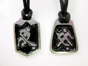 handmade pewter hockey player pendant necklace, polygon pendant with black background, for men or women, on black cord.   Two patterns: hockey player or hockey goalie.