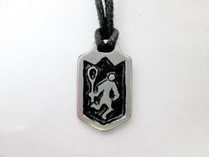 close-up front view of handmade pewter lacrosse player pendant necklace, pendant with black background, on black cord, for man or woman